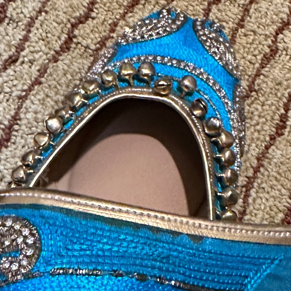 Boho beaded ballet flat in aqua blue with bells punjab jutti Kussah belly dance